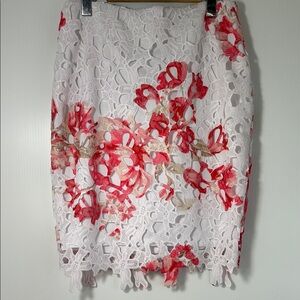 Cleo White and Red Floral Lace Midi Skirt